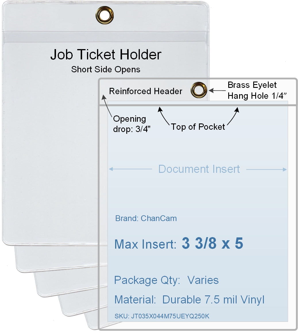 ChanCam vinyl sleeve, open short side, hanging document holder with brass eyelet, insert size: 3 3/8 x 5, product size: 3 5/8 x 5 3/4, package quantity 100, 7.5 mil clear vinyl