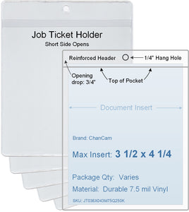 ChanCam vinyl sleeve, open short side, hanging document holder, insert size: 3 1/2 x 4 1/4, product size: 3 3/4 x 5, package quantity 100, 7.5 mil clear vinyl