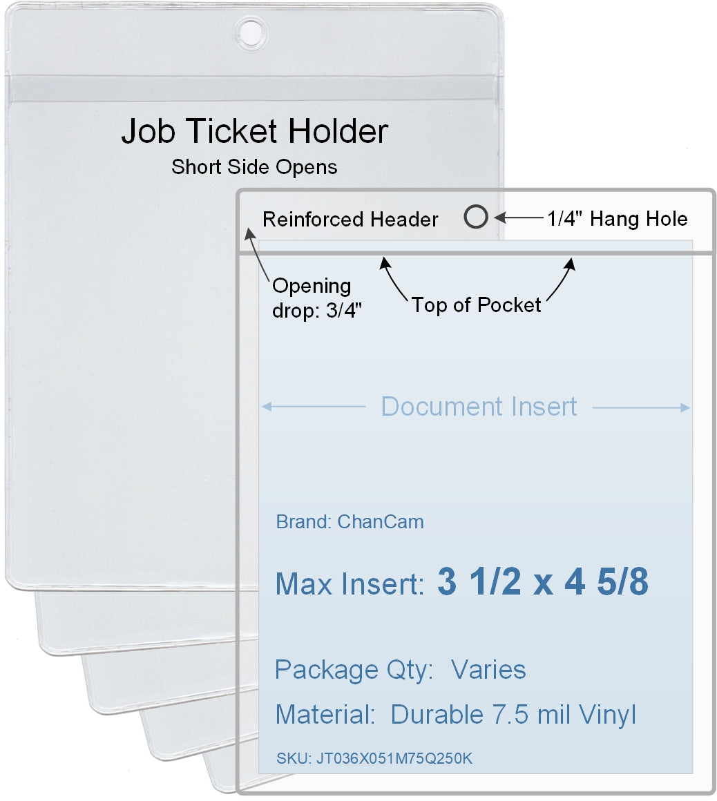 ChanCam vinyl sleeve, open short side, hanging document holder, insert size: 3 1/2 x 4 5/8, product size: 3 3/4 x 5 3/8, package quantity 100, 7.5 mil clear vinyl