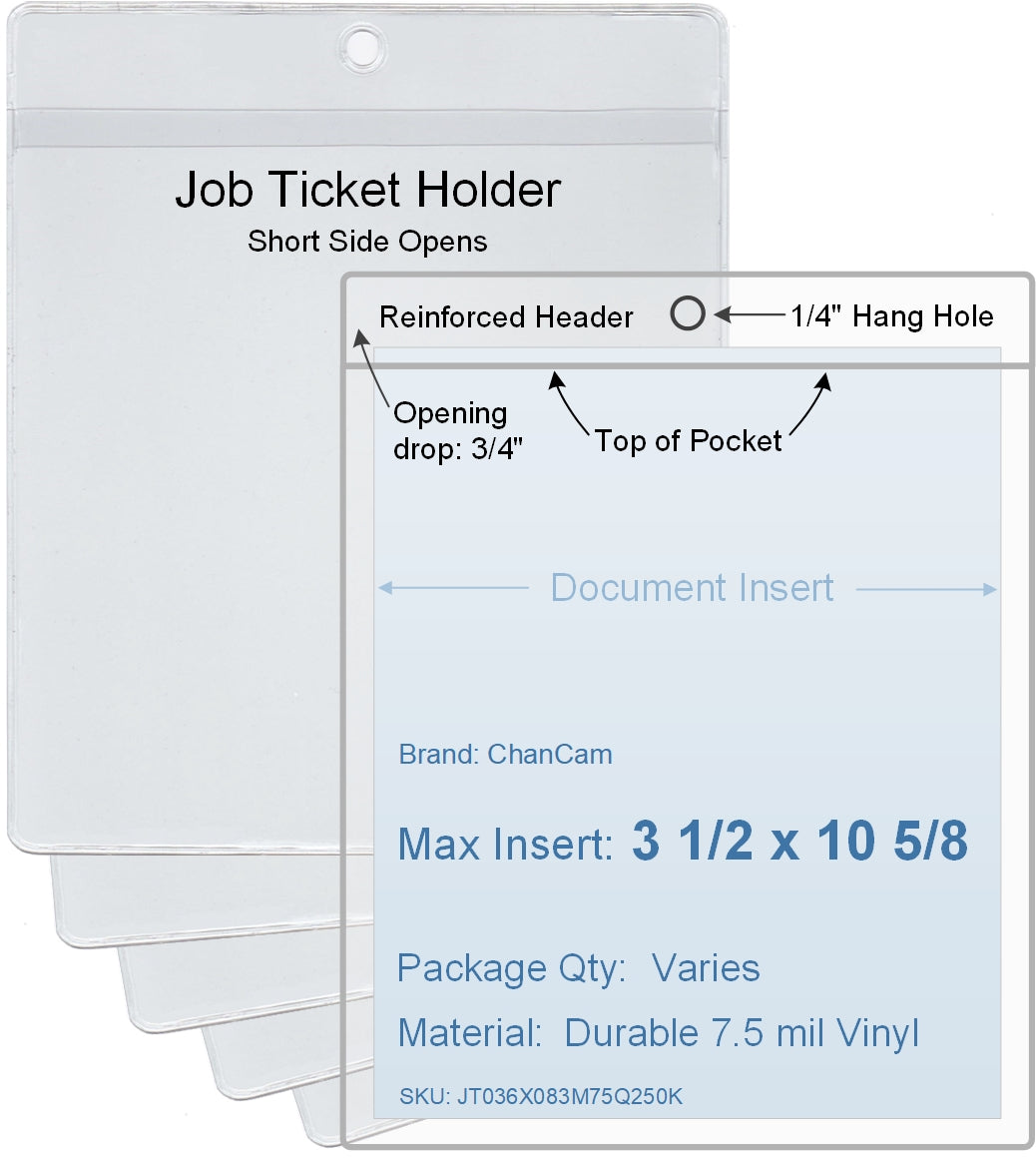 ChanCam vinyl sleeve, open short side, hanging document holder, insert size: 3 1/2 x 10 5/8, product size: 3 3/4 x 11 3/8, package quantity 100, 7.5 mil clear vinyl