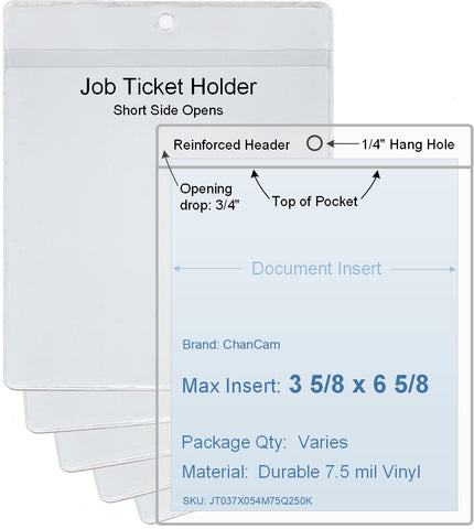 ChanCam vinyl sleeve, open short side, hanging document holder, insert size: 3 5/8 x 6 5/8, product size: 3 7/8 x 7 3/8, package quantity 100, 7.5 mil clear vinyl