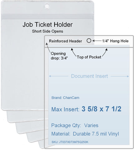 ChanCam vinyl sleeve, open short side, hanging document holder, insert size: 3 5/8 x 7 1/2, product size: 3 7/8 x 8 1/4, package quantity 100, 7.5 mil clear vinyl