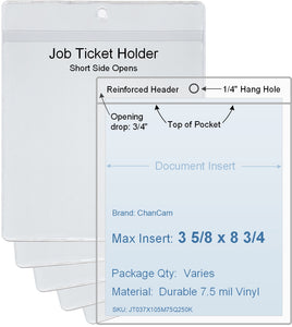 ChanCam vinyl sleeve, open short side, hanging document holder, insert size: 3 5/8 x 8 3/4, product size: 3 7/8 x 9 1/2, package quantity 100, 7.5 mil clear vinyl