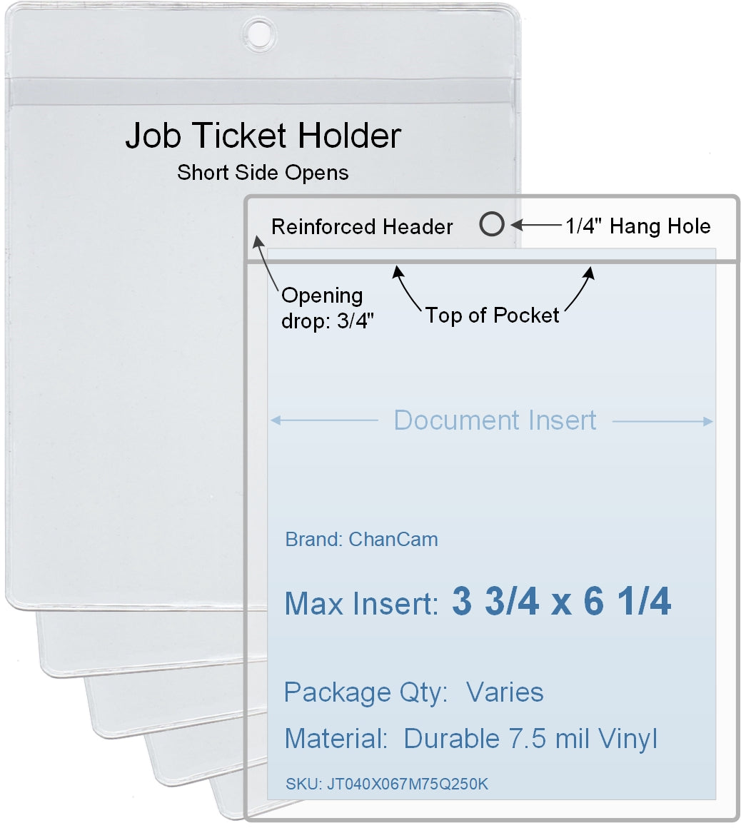 ChanCam vinyl sleeve, open short side, hanging document holder, insert size: 3 3/4 x 6 1/4, product size: 4 x 7, package quantity 100, 7.5 mil clear vinyl