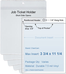 ChanCam vinyl sleeve, open short side, hanging document holder, insert size: 3 3/4 x 11 1/4, product size: 4 x 12, package quantity 100, 7.5 mil clear vinyl