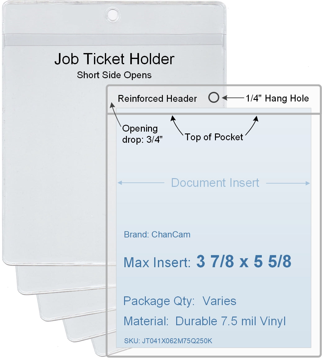 ChanCam vinyl sleeve, open short side, hanging document holder, insert size: 3 7/8 x 5 5/8, product size: 4 1/8 x 6 3/8, package quantity 100, 7.5 mil clear vinyl