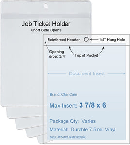 ChanCam vinyl sleeve, open short side, hanging document holder, insert size: 3 7/8 x 6, product size: 4 1/8 x 6 3/4, package quantity 100, 7.5 mil clear vinyl