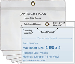 ChanCam vinyl sleeve, open long side, hanging document holder with brass eyelet, insert size: 3 5/8 x 4, product size: 4 3/8 x 4 1/4, package quantity 100, 7.5 mil clear vinyl