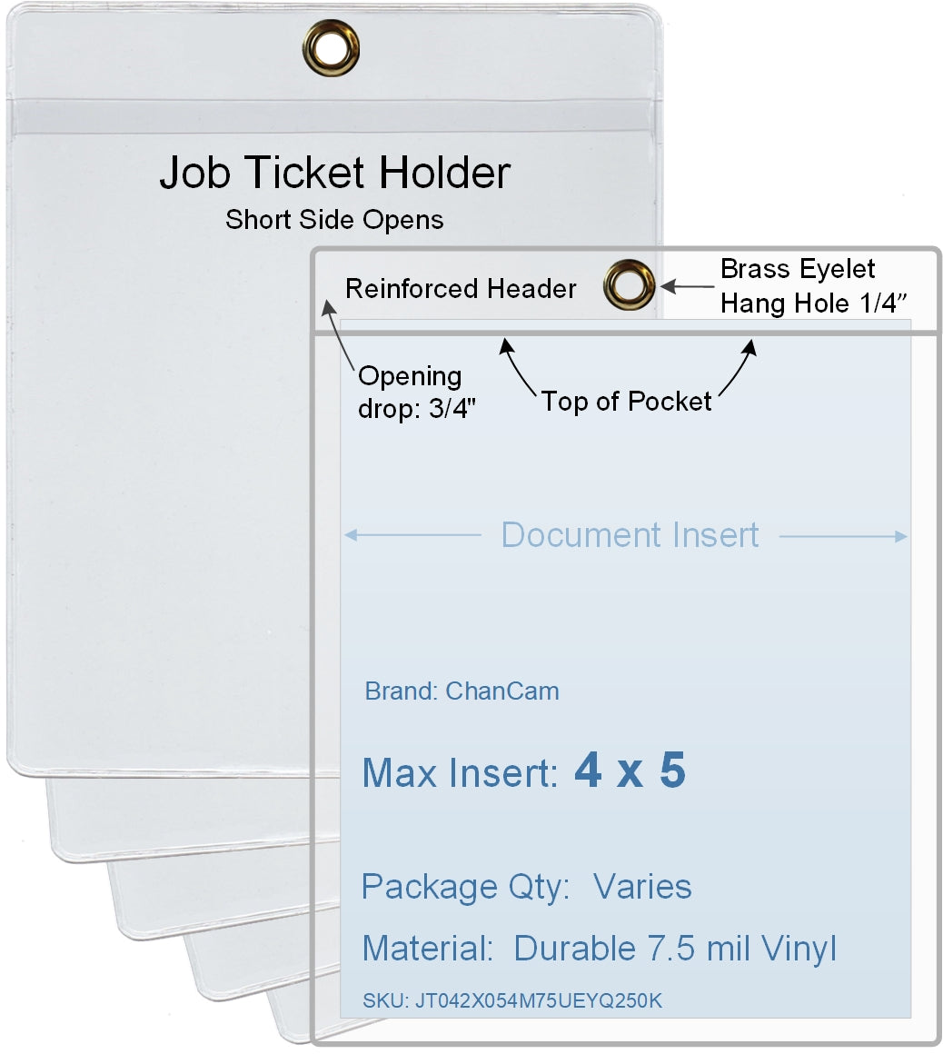 ChanCam vinyl sleeve, open short side, hanging document holder with brass eyelet, insert size: 4 x 5, product size: 4 1/4 x 5 3/4, package quantity 100, 7.5 mil clear vinyl
