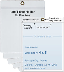 ChanCam vinyl sleeve, open short side, hanging document holder with brass eyelet, insert size: 4 x 5, product size: 4 1/4 x 5 3/4, package quantity 100, 7.5 mil clear vinyl