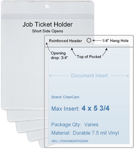 ChanCam vinyl sleeve, open short side, hanging document holder, insert size: 4 x 5 3/4, product size: 4 1/4 x 6 1/2, package quantity 100, 7.5 mil clear vinyl