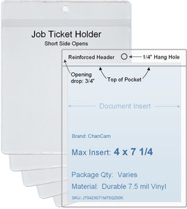 ChanCam vinyl sleeve, open short side, hanging document holder, insert size: 4 x 7 1/4, product size: 4 1/4 x 8, package quantity 100, 7.5 mil clear vinyl