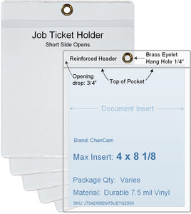 ChanCam vinyl sleeve, open short side, hanging document holder with brass eyelet, insert size: 4 x 8 1/8, product size: 4 1/4 x 8 7/8, package quantity 100, 7.5 mil clear vinyl