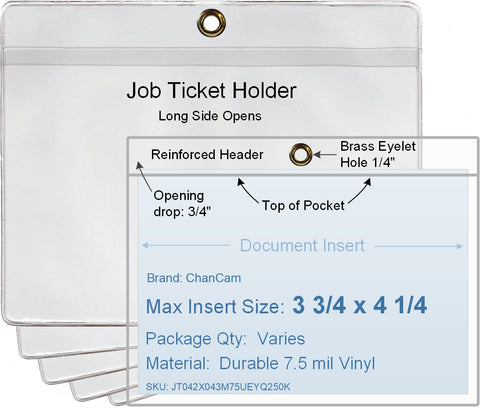 ChanCam vinyl sleeve, open long side, hanging document holder with brass eyelet, insert size: 3 3/4 x 4 1/4, product size: 4 1/2 x 4 1/2, package quantity 100, 7.5 mil clear vinyl