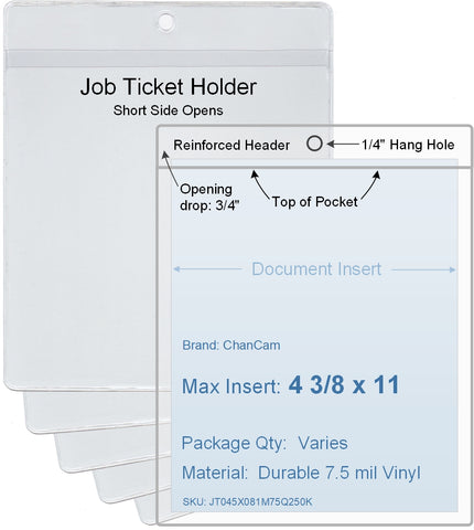 ChanCam vinyl sleeve, open short side, hanging document holder, insert size: 4 3/8 x 11, product size: 4 5/8 x 11 3/4, package quantity 100, 7.5 mil clear vinyl