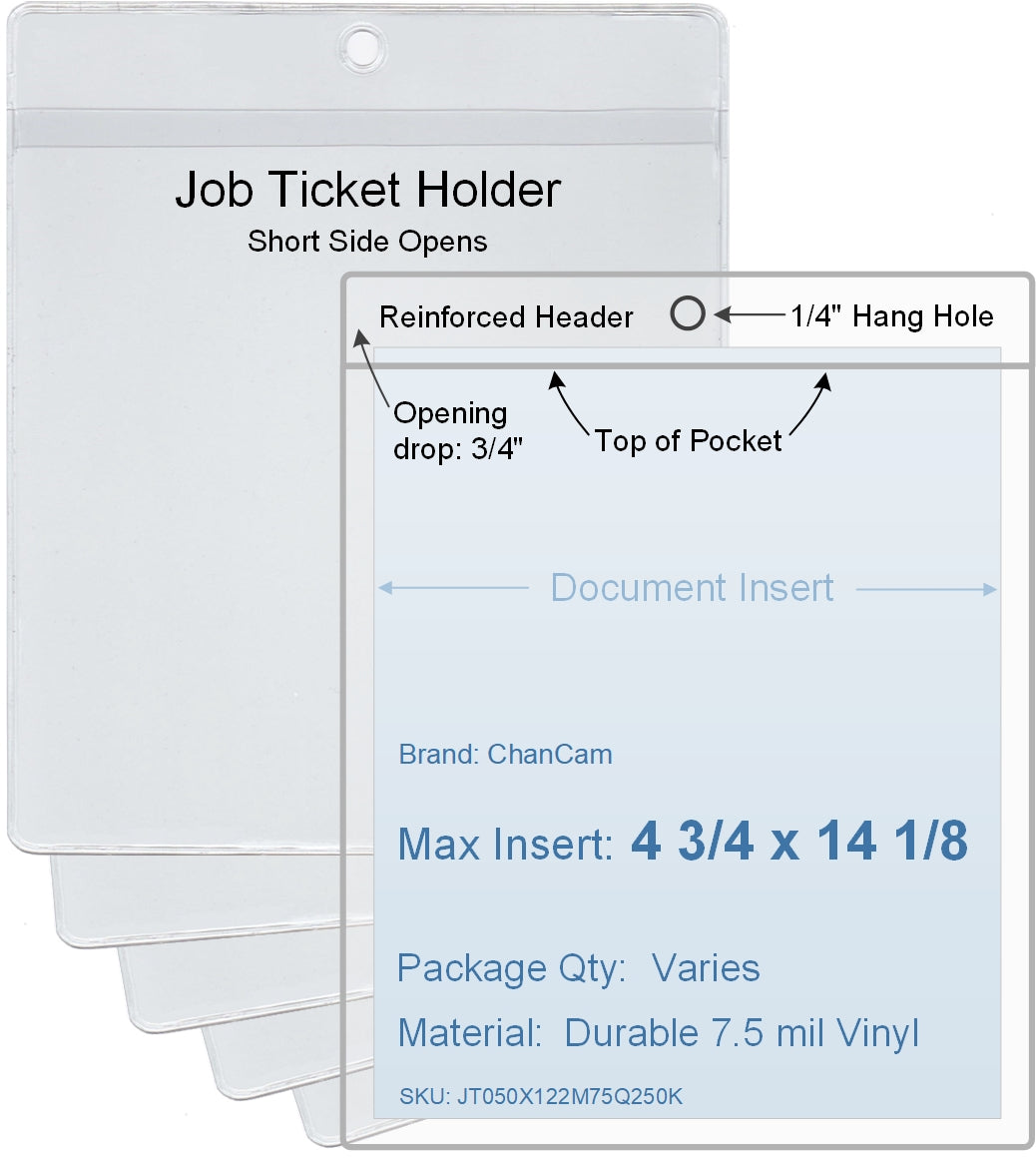 ChanCam vinyl sleeve, open short side, hanging document holder, insert size: 4 3/4 x 14 1/8, product size: 5 x 14 7/8, package quantity 100, 7.5 mil clear vinyl