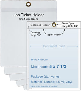 ChanCam vinyl sleeve, open short side, hanging document holder with brass eyelet, insert size: 5 x 7 1/2, product size: 5 1/4 x 8 1/4, package quantity 100, 7.5 mil clear vinyl