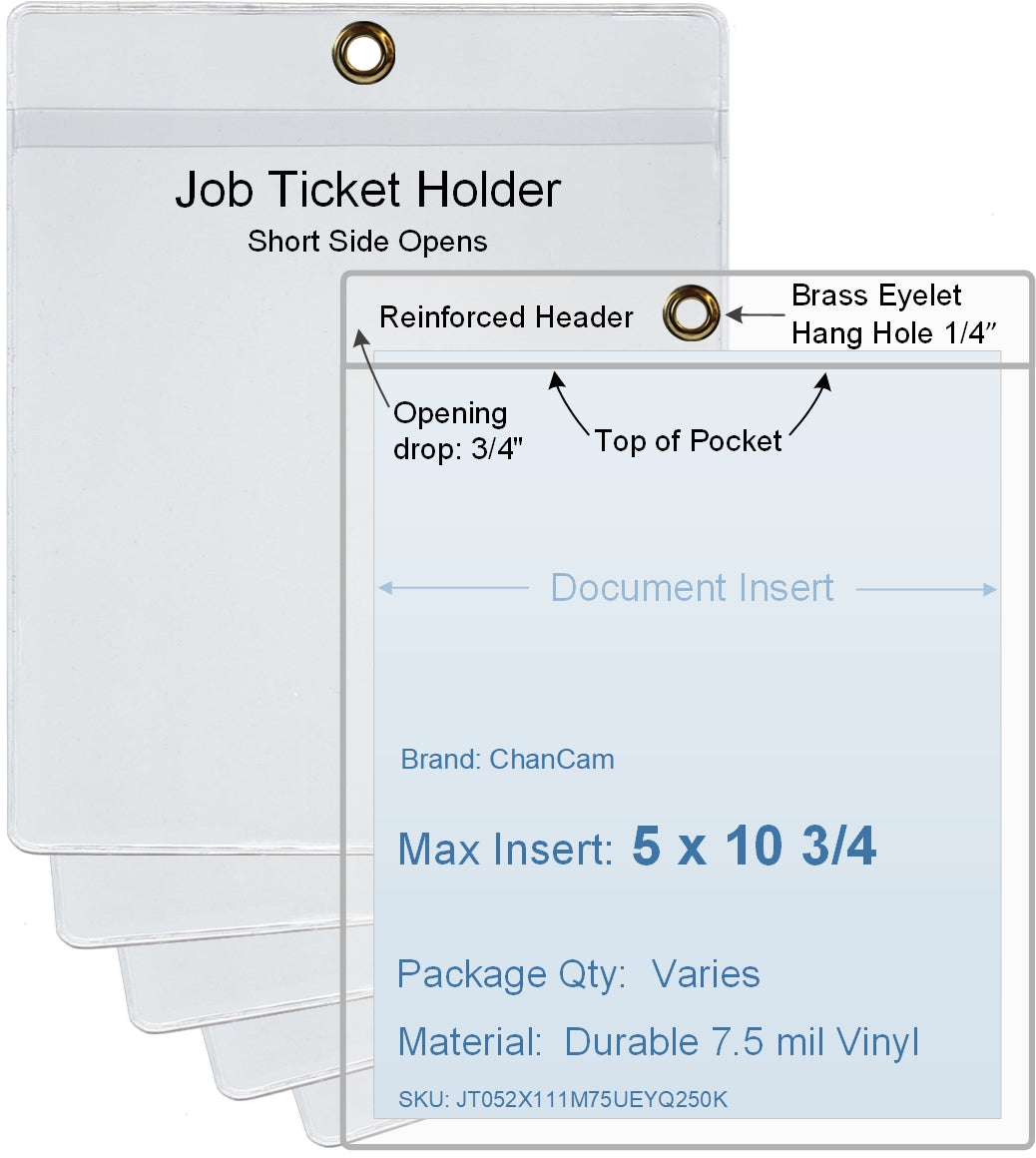 ChanCam vinyl sleeve, open short side, hanging document holder with brass eyelet, insert size: 5 x 10 3/4, product size: 5 1/4 x 11 1/2, package quantity 100, 7.5 mil clear vinyl