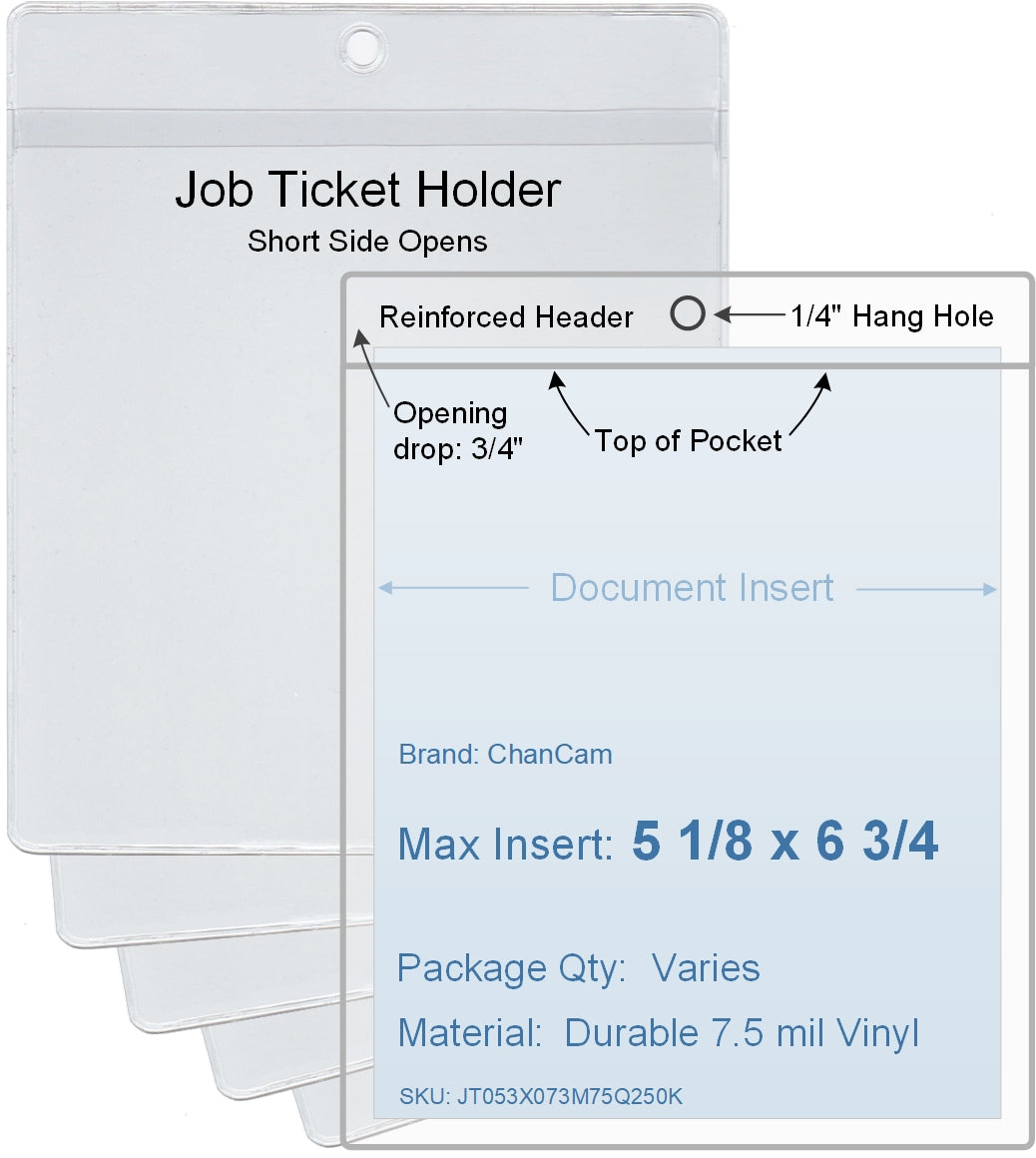 ChanCam vinyl sleeve, open short side, hanging document holder, insert size: 5 1/8 x 6 3/4, product size: 5 3/8 x 7 1/2, package quantity 100, 7.5 mil clear vinyl