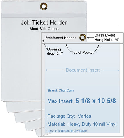 ChanCam vinyl sleeve, open short side, hanging document holder with brass eyelet, insert size: 5 1/8 x 10 5/8, product size: 5 3/8 x 11 3/8, package quantity 100, heavy duty 10 mil clear vinyl