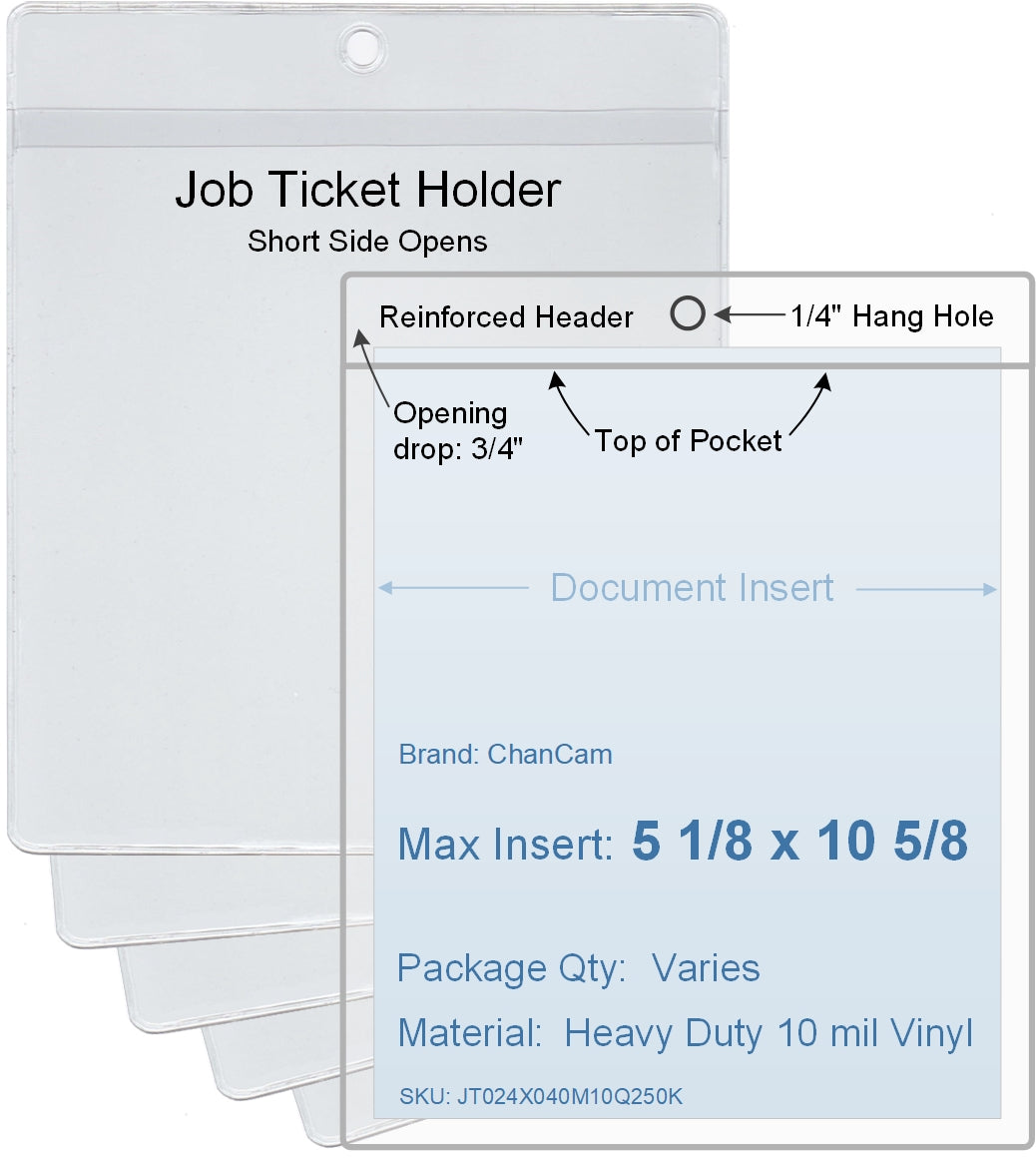 ChanCam vinyl sleeve, open short side, hanging document holder, insert size: 5 1/8 x 10 5/8, product size: 5 3/8 x 11 3/8, package quantity 100, heavy duty 10 mil clear vinyl