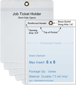 ChanCam vinyl sleeve, open short side, hanging document holder with brass eyelet, insert size: 6 x 8, product size: 6 1/4 x 8 3/4, package quantity 100, 7.5 mil clear vinyl
