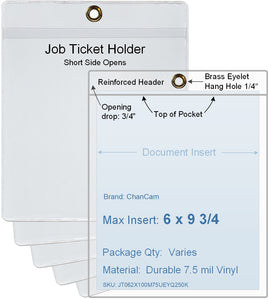 ChanCam vinyl sleeve, open short side, hanging document holder with brass eyelet, insert size: 6 x 9 3/4, product size: 6 1/4 x 10 1/2, package quantity 100, 7.5 mil clear vinyl