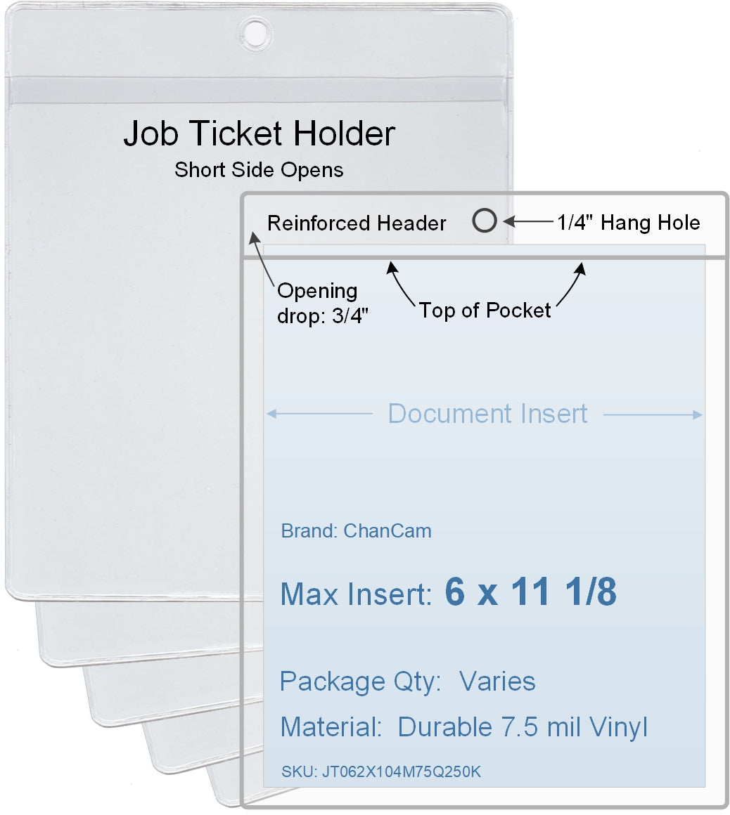 ChanCam vinyl sleeve, open short side, hanging document holder, insert size: 6 x 11 1/8, product size: 6 1/4 x 11 7/8, package quantity 100, 7.5 mil clear vinyl