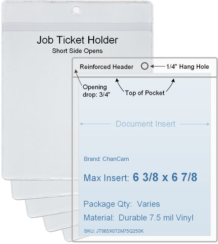 ChanCam vinyl sleeve, open short side, hanging document holder, insert size: 6 3/8 x 6 7/8, product size: 6 5/8 x 7 5/8, package quantity 100, 7.5 mil clear vinyl