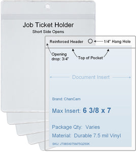 ChanCam vinyl sleeve, open short side, hanging document holder, insert size: 6 3/8 x 7, product size: 6 5/8 x 7 3/4, package quantity 100, 7.5 mil clear vinyl