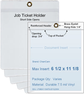 ChanCam vinyl sleeve, open short side, hanging document holder with brass eyelet, insert size: 6 1/2 x 11 1/8, product size: 6 3/4 x 11 7/8, package quantity 100, 7.5 mil clear vinyl