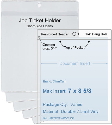 ChanCam vinyl sleeve, open short side, hanging document holder, insert size: 7 x 8 5/8, product size: 7 1/4 x 9 3/8, package quantity 100, 7.5 mil clear vinyl