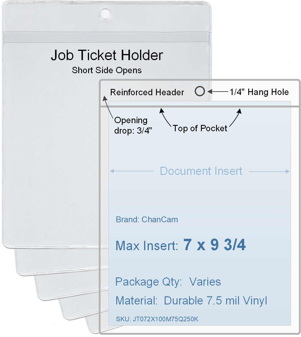 ChanCam vinyl sleeve, open short side, hanging document holder, insert size: 7 x 9 3/4, product size: 7 1/4 x 10 1/2, package quantity 100, 7.5 mil clear vinyl