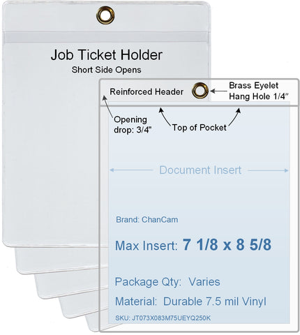 ChanCam vinyl sleeve, open short side, hanging document holder with brass eyelet, insert size: 7 1/8 x 8 5/8, product size: 7 3/8 x 9 3/8, package quantity 100, 7.5 mil clear vinyl