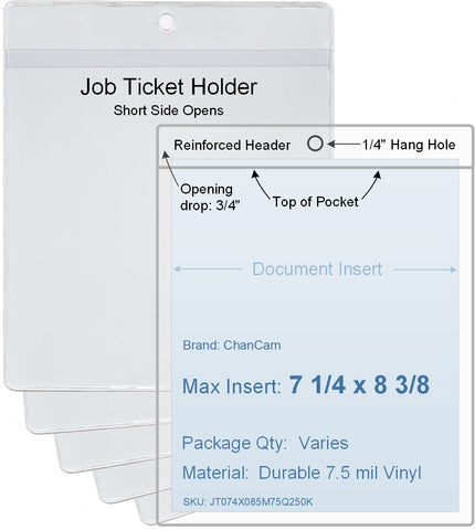 ChanCam vinyl sleeve, open short side, hanging document holder, insert size: 7 1/4 x 8 3/8, product size: 7 1/2 x 9 1/8, package quantity 100, 7.5 mil clear vinyl