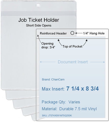 ChanCam vinyl sleeve, open short side, hanging document holder, insert size: 7 1/4 x 8 3/4, product size: 7 1/2 x 9 1/2, package quantity 100, 7.5 mil clear vinyl