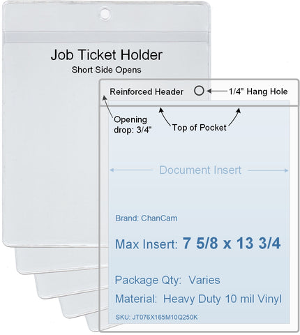 ChanCam vinyl sleeve, open short side, hanging document holder, insert size: 7 5/8 x 13 3/4, product size: 7 7/8 x 14 1/2, package quantity 100, heavy duty 10 mil clear vinyl