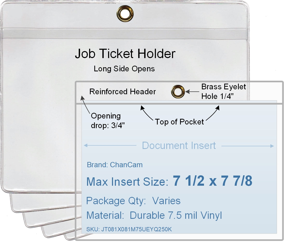 ChanCam vinyl sleeve, open long side, hanging document holder with brass eyelet, insert size: 7 1/2 x 7 7/8, product size: 8 1/4 x 8 1/8, package quantity 100, 7.5 mil clear vinyl