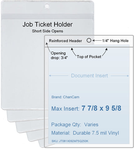 ChanCam vinyl sleeve, open short side, hanging document holder, insert size: 7 7/8 x 9 5/8, product size: 8 1/8 x 10 3/8, package quantity 100, 7.5 mil clear vinyl