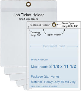 ChanCam vinyl sleeve, open short side, hanging document holder with brass eyelet, insert size: 8 1/8 x 11 1/2, product size: 8 3/8 x 12 1/4, package quantity 100, heavy duty 10 mil clear vinyl