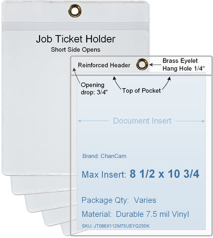 ChanCam vinyl sleeve, open short side, hanging document holder with brass eyelet, insert size: 8 1/2 x 10 3/4, product size: 8 3/4 x 11 1/2, package quantity 100, 7.5 mil clear vinyl