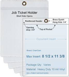 ChanCam vinyl sleeve, open short side, hanging document holder with brass eyelet, insert size: 8 1/2 x 11 3/8, product size: 8 3/4 x 12 1/8, package quantity 100, heavy duty 10 mil clear vinyl