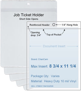 ChanCam vinyl sleeve, open short side, hanging document holder, insert size: 8 3/4 x 11 1/4, product size: 9 x 12, package quantity 100, heavy duty 10 mil clear vinyl