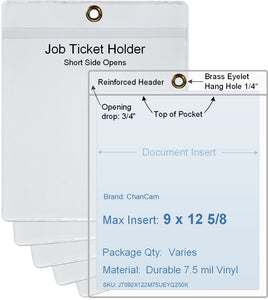 ChanCam vinyl sleeve, open short side, hanging document holder with brass eyelet, insert size: 9 x 12 5/8, product size: 9 1/4 x 13 3/8, package quantity 100, 7.5 mil clear vinyl