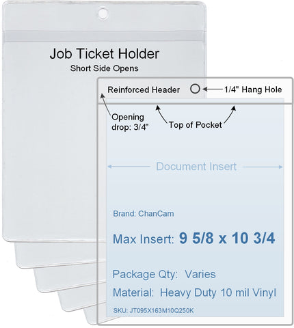 ChanCam vinyl sleeve, open short side, hanging document holder, insert size: 9 5/8 x 10 3/4, product size: 9 7/8 x 11 1/2, package quantity 100, heavy duty 10 mil clear vinyl