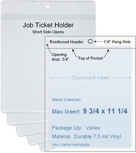 ChanCam vinyl sleeve, open short side, hanging document holder, insert size: 9 3/4 x 11 1/4, product size: 10 x 12, package quantity 100, 7.5 mil clear vinyl