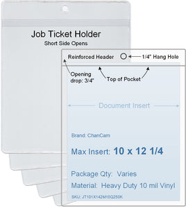 ChanCam vinyl sleeve, open short side, hanging document holder, insert size: 10 x 12 1/4, product size: 10 1/4 x 13, package quantity 100, heavy duty 10 mil clear vinyl