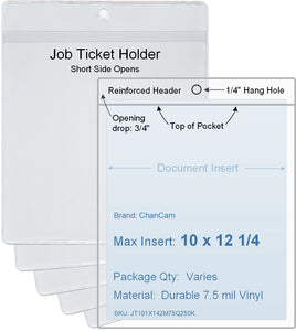 ChanCam vinyl sleeve, open short side, hanging document holder, insert size: 10 x 12 1/4, product size: 10 1/4 x 13, package quantity 100, 7.5 mil clear vinyl