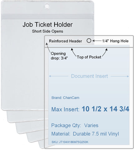 ChanCam vinyl sleeve, open short side, hanging document holder, insert size: 10 1/2 x 14 3/4, product size: 10 3/4 x 15 1/2, package quantity 100, 7.5 mil clear vinyl