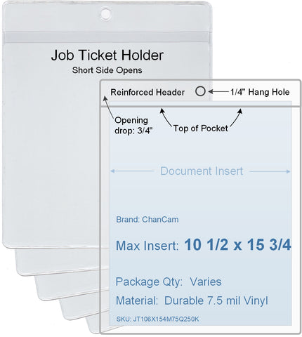 ChanCam vinyl sleeve, open short side, hanging document holder, insert size: 10 1/2 x 15 3/4, product size: 10 3/4 x 16 1/2, package quantity 100, 7.5 mil clear vinyl